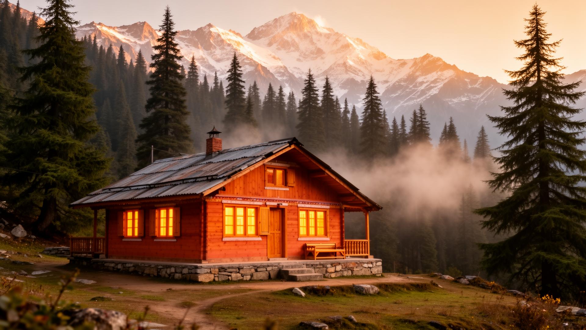 Wooden homestay in Manali at golden hour